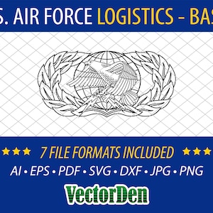 Op de afbeelding: Een zwart-witte vectorillustratie van het U.S. Air Force Logistics-embleem. Het embleem toont een wereldbol met vleugels, bliksem en een lauwerkrans. De tekst "U.S. AIR FORCE LOGISTICS - BASIC" staat bovenaan de afbeelding. De tekst "7 FILE FORMATS INCLUDED" staat onder het embleem. De tekst "AI EPS PDF SVG DXF JPG PNG" staat onder de tekst "7 FILE FORMATS INCLUDED". De tekst "VectorDen" staat onderaan de afbeelding.