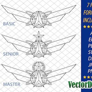 May include: Black and white line art illustration of three different versions of the U.S. Air Force Academy Space Command patch. The patches are labeled "Basic", "Senior", and "Master".