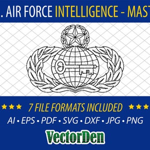 Op de afbeelding: Zwart-witte vectorillustratie van de US Air Force Intelligence Master Badge. Het badge toont een wereldbol met een sleutel, omringd door een lauwerkrans en een ster.