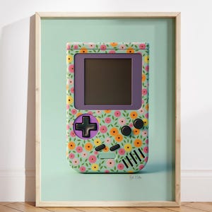 Poster di console di gioco floreale retrò anni '90, arte murale di ispirazione vintage, stampa di gioco estetica pastello, arredamento per la stanza dei primi anni 2000, arte murale preppy, 3D