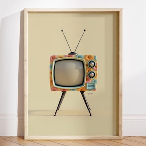 Póster de TV retro, arte mural de los 70, estampado floral colorido, decoración de televisión vintage, arte moderno de mediados de siglo, póster de habitación original, nostalgia