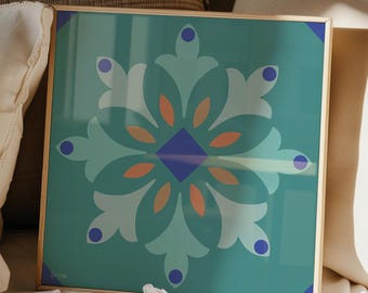 Portuguese Azulejos Poster, Mediterranean Geometric Tile Unframed Wall Art Print, Spanish Inspired Home Decor For Kitchen Or Living Room