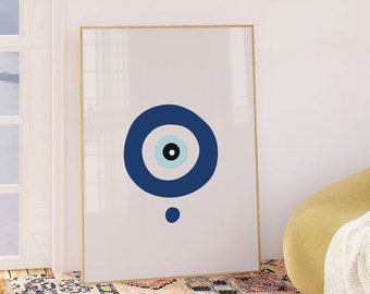Impressão de mau-olhado azul, arte de parede grega de mau-olhado, arte de proteção contra mau-olhado, impressão de arte minimalista, pôster espiritual sem moldura, decoração mediterrânea