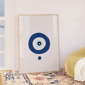 Blue Evil Eye Print, Greek Evil Eye Wall Art, Evil Eye Protection Art, Minimalist Art Print, Spiritual Unframed Poster, Mediterranean Decor
