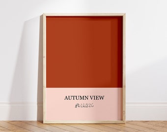 May include: A framed print with a color swatch of a burnt orange color. The text "AUTUMN VIEW #b14726" is printed below the color swatch.