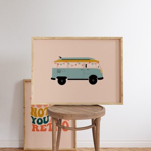 Hippie Van cartel ilustrado sin marco, Van Life Wall Art Print, Groovy Van Wall Art, Retro Bus Print, arte de pared de los años 70 para decoración de habitaciones retro