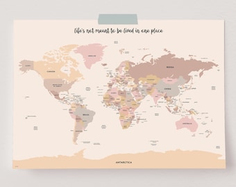 Cartel del mapa del mundo moderno, impresión de mapa del mundo grande, mapa del mundo boho, mapa del mundo político, regalo del viajero mundial, mapa de viaje preciso, tierra blanda