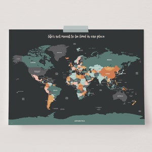 Cartel del mapa mundial, impresión de mapa mundial grande, mapa del mundo político, mapa mundial preciso, regalo del viajero mundial, arte de la pared del planeta Tierra, Tierra Oscura