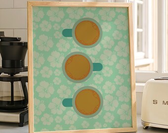 Tea Mugs Wall Art Print, Unframed Poster with Floral Pattern For Kitchen Corner Decor, Gift For Tea Lovers