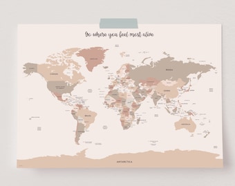 Mapa mundial boho, cartel del mapa mundial moderno, impresión de mapa mundial grande, mapa mundial preciso, mapa mundial detallado, regalo de viajero mundial, tierra boho