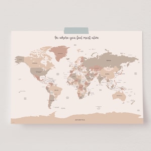 Carte du monde Boho, affiche de carte du monde moderne, grande impression de carte du monde, carte du monde précise, carte du monde détaillée, cadeau de voyageur du monde, Boho Earth