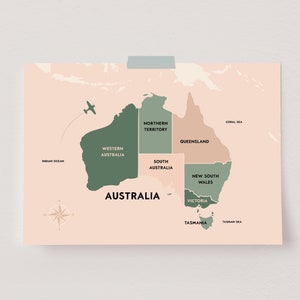 Cartel de mapa de Australia, impresión de mapa de país, mapa del Pacífico Sur, arte de pared de mapa moderno, regalo de viajero mundial, mapa de viaje, mapa de viaje, mapa de dónde nos encontramos
