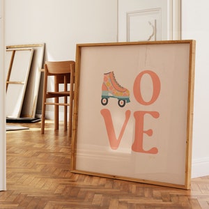 Impresión de patines, impresión de inspiración retro, arte de pared de patines, cartel de la vieja escuela, impresión de arte de amor, impresión vintage de los años 70, decoración de habitación hippie