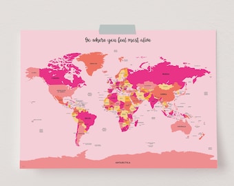 Pink World Map Poster, World Map Wall Art, World Map Print, Modern World Map, Pink Theme Decor, Preppy Wall Decor, World Traveler Gift, Trip