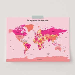 Rosa Weltkarte Poster, Weltkarte Wandkunst, Weltkarte Druck, moderne Weltkarte, rosa Thema Dekor, adrette Wand Dekor, Weltreisender Geschenk, Reise