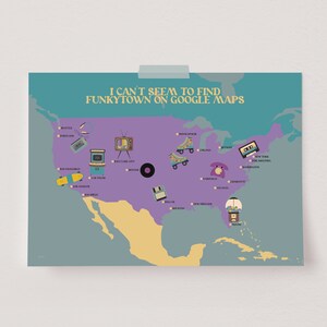 Cartel de los años 80, mapa de Estados Unidos, arte de pared funky, impresión inspirada retro, decoración de la habitación de los años 80, arte de pared de cita retro, nostalgia de los años 80, cartel vintage de los años 70