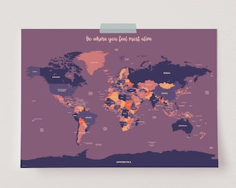 Cartel del mapa del mundo púrpura sin marco, arte de la pared del mapa del mundo colorido grande, impresión detallada del mapa del mundo, regalo del viajero mundial, decoración de la habitación de aventura