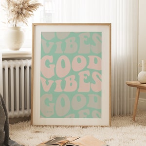 Good Vibes Print, cartel de tipografía sin marco, arte de pared con temática de playa, decoración de habitación playera, cartel positivo, arte de pared de afirmación, regalo de dormitorio