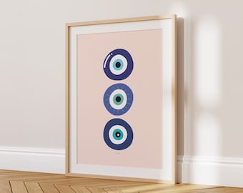 Impressão artística ilustrada de olho azul, arte de parede mediterrânea, pôster sem moldura, decoração marroquina para casa, arte judaica do Oriente Médio, olho grego