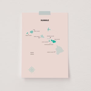 Affiche de carte des îles d'Hawaï, Art mural d'Hawaï, impression de carte de pays, cadeau de voyageur du monde, carte de voyage, décor de chambre hawaïen, décor inspiré de l'océan