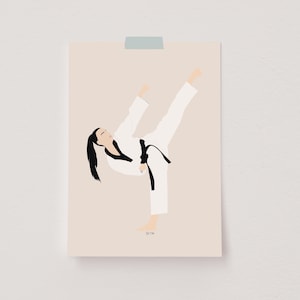 Taekwondo Print, Martial Arts Wall Art, Taekwondo Girl Kick, Illustrated Art Print, Taekwondo Poster, Taekwondo Room Decor, Dojo Decor