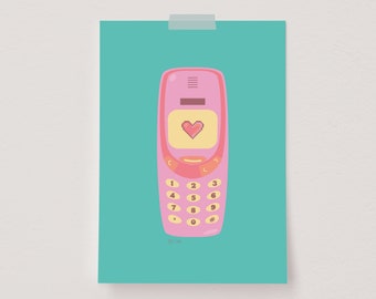 90s Wall Art, 90s Phone Poster, Retro Inspired Print, Illustrated Art Print, Girly Wall Art, Preppy Room Decor, Early 2000s Decor, Gift