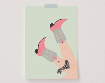 Coastal Cowgirl Wall Art, Cowgirl Boots Poster, Preppy Print, Pink Western Decor, Rodeo Decor, Beach Cowgirl Art, Illustrated Art Print