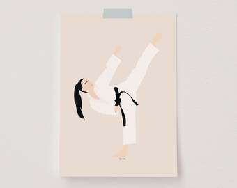 Karate Wall Art, Martial Arts Print, Illustrated Art Print, Karate Girl Kick, Karate Poster, Karate Room Decor, Dojo Decor, Black Belt Print