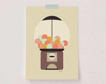 Bubblegum Machine Poster, Retro Inspired Print, Gumball Machine Print, Funky Wall Art, Vintage 70s Poster, 80s Room Decor, Funky Room Decor