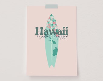 Arte de pared de tabla de surf, cartel de Hawaii, cartel de surf, impresión de surf, decoración de habitación hawaiana, decoración temática de playa, impresión de cartel floral, impresión de arte de surf
