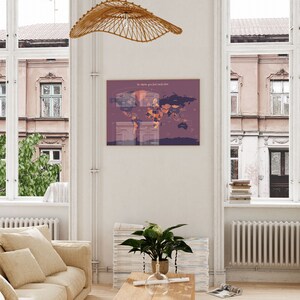 Cartel del mapa del mundo púrpura sin marco, arte de la pared del mapa del mundo colorido grande, impresión detallada del mapa del mundo, regalo del viajero mundial, decoración de la habitación de aventura imagen 4