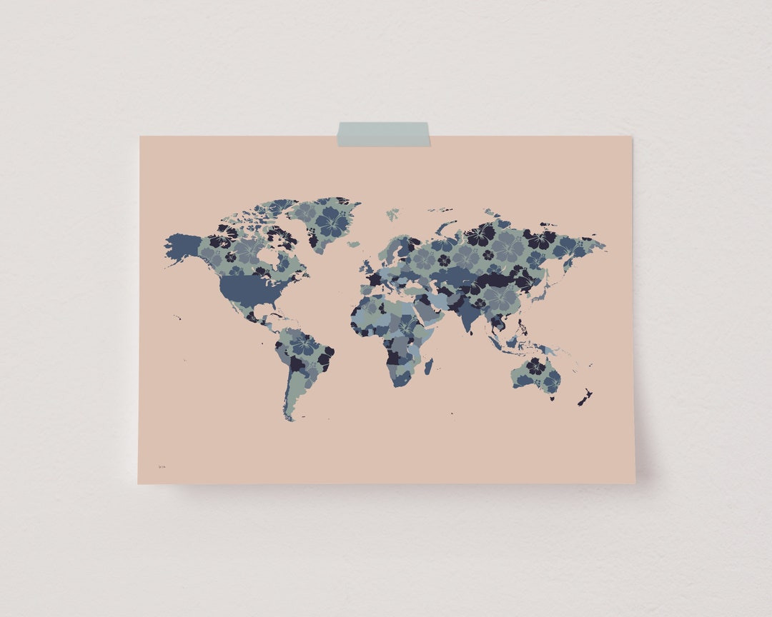 Floral World Map Print, Modern World Map Poster, Globe Map Wall Art ...