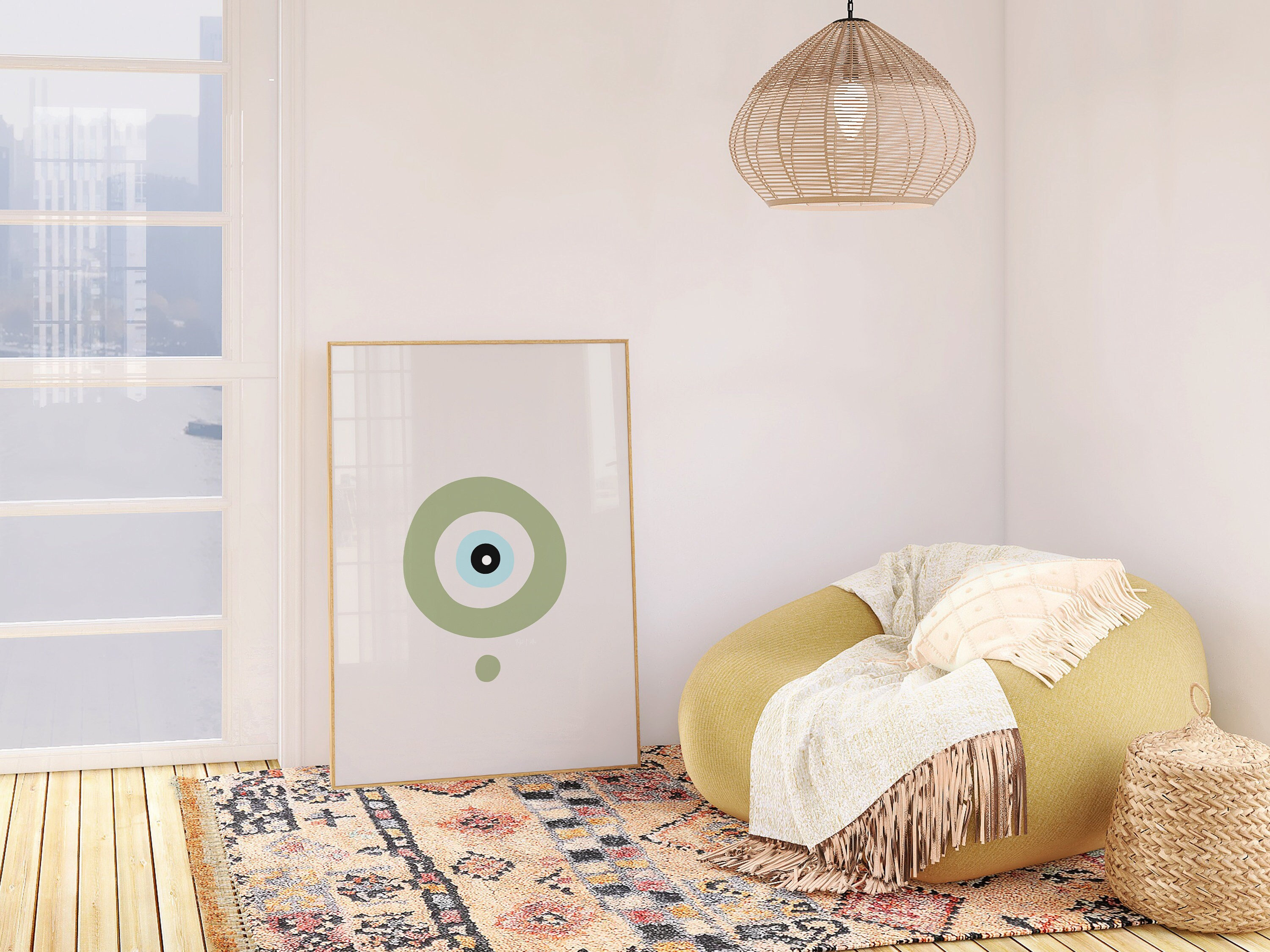 Impressão de mau-olhado verde-claro, sucesso e realização, arte de parede espiritual, decoração de mau-olhado, arte do olho que tudo vê, decoração do Oriente Médio, minimalista