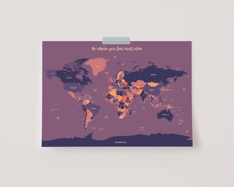 Cartel del mapa del mundo púrpura sin marco, arte de la pared del mapa del mundo colorido grande, impresión detallada del mapa del mundo, regalo del viajero mundial, decoración de la habitación de aventura imagen 1