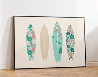 Ilustracja deski surfingowej na ścianę, wydruk deski surfingowej bez ramki, wystrój domu na Hawajach, plakat na Hawajach, wystrój pokoju w stylu hawajskim, wystrój o tematyce plażowej