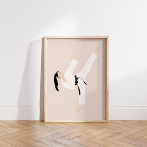 Karate Wall Art, Martial Arts Print, Illustrated Art Print, Karate Girl Kick, Karate Poster, Karate Room Decor, Dojo Decor, Black Belt Print