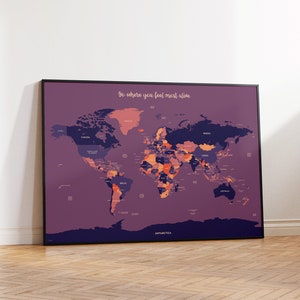 Cartel del mapa del mundo púrpura sin marco, arte de la pared del mapa del mundo colorido grande, impresión detallada del mapa del mundo, regalo del viajero mundial, decoración de la habitación de aventura imagen 5
