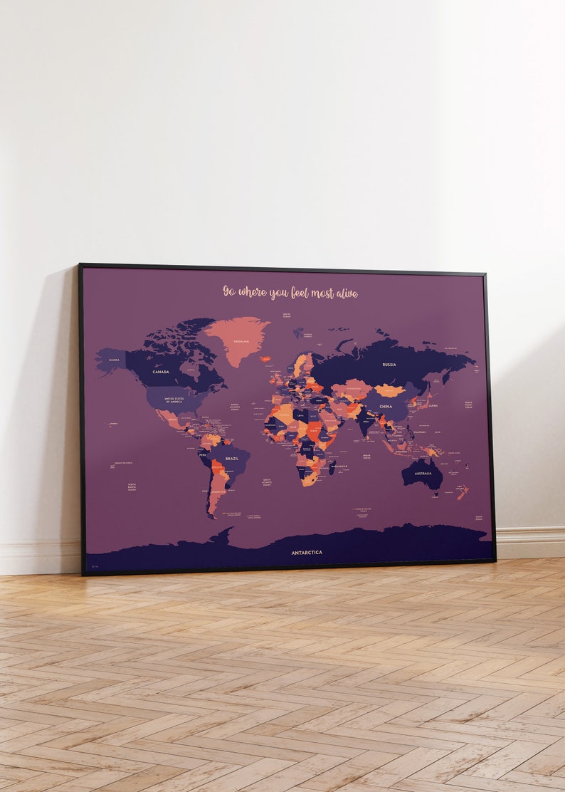 Cartel del mapa del mundo púrpura sin marco, arte de la pared del mapa del mundo colorido grande, impresión detallada del mapa del mundo, regalo del viajero mundial, decoración de la habitación de aventura imagen 5