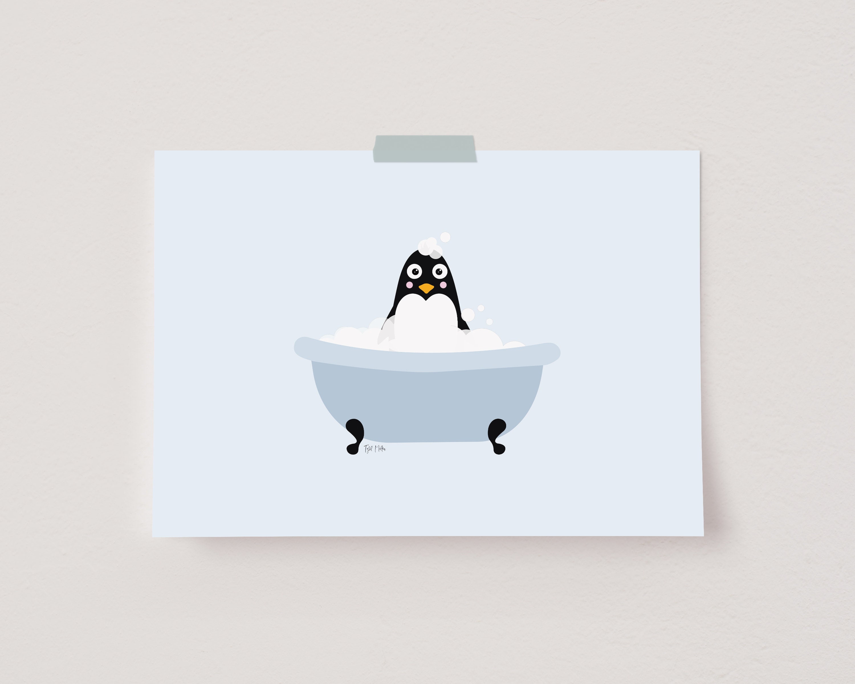 Cute Penguin in Bathtub Illustrated Unframed Poster for Nursery and ...