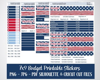 KIT 59 Patriotic PRINTABLE 7x9 Budget Sticker Kit, Erin Condren Monthly, Printable Stickers, Silhouette, Cricut
