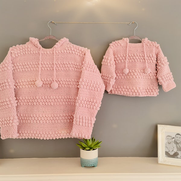 Crochet pattern - Bobble Hoodie - All sizes 0-6m up to XL adult - MiniMe - Matching Mother and Daughter