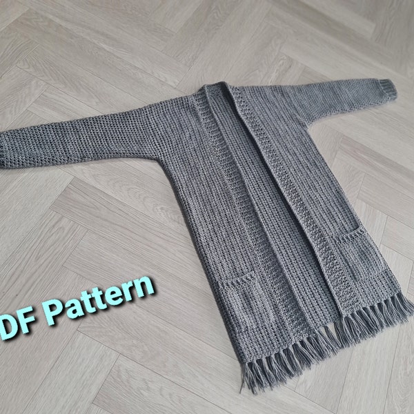 Modèle de crochet facile pour cardigan/coatigan long pour femmes. Pas de coutures, pas de couture ! Tailles adultes XS - 3XL (Royaume-Uni 8-26)