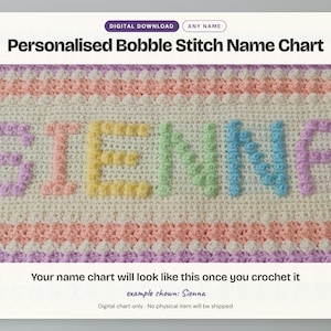 Puede incluir: Un patrón de ganchillo con el texto "Personalised Bobble Stitch Name Chart" y "Your name chart will look like this once you crochet it". El ejemplo muestra el nombre "SIENNA" en puntos garbanzo pastel sobre un fondo color crema.