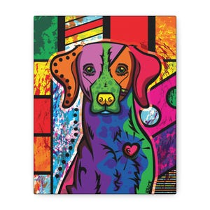 May include: A vibrant, multi-colored canvas print featuring a stylized dog portrait. The dog is rendered in bold shades of purple, green, orange, and red with a small heart on its chest. The background consists of geometric blocks and splattered paint.