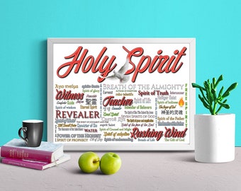 Name of The Holy Spirit [Color-W] - Christian Art, Wall, Names, Intercessor, Breath, Fire, Rushing, Wind, Trinity, Dove, Flame,