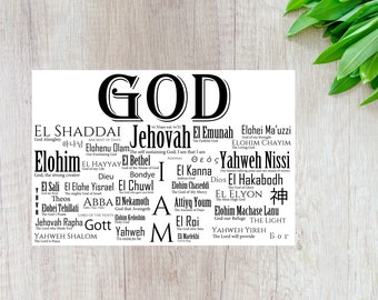 Namen Gottes [Schwarzer Druck] - Christliche Kunst, Wand, Namen, Shaddai, Yahweh, Jesus, Geist, Shalom, Abba, Ich, Bin, Nissi, oben, Bethel, Theos