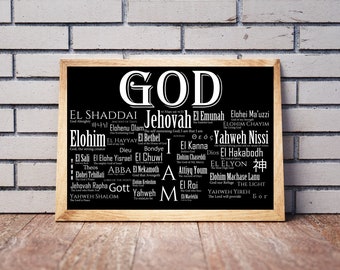 Namen Gottes [Color-BB] - Christliche Kunst, Wand, Namen, Jehova, Yahweh, Jesus, Heilig, Geist, Shalom, Abba, Ich, Bin, Nissi, Oben, Bethel, Theos