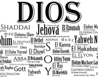 Names of God en Español [Black Print] - Christian Art, Wall, Jehovah, Shaddai, Yahweh, Jesus, Shalom, Abba, I, Am, Nissi, Above, Bethel