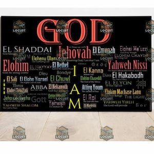Names of God [Color-BC] - Christian Art, Wall, Names, Jehovah, Shaddai, Jesus, Holy, Spirit, Shalom, I, Am, Nissi, Above, Bethel, Theos