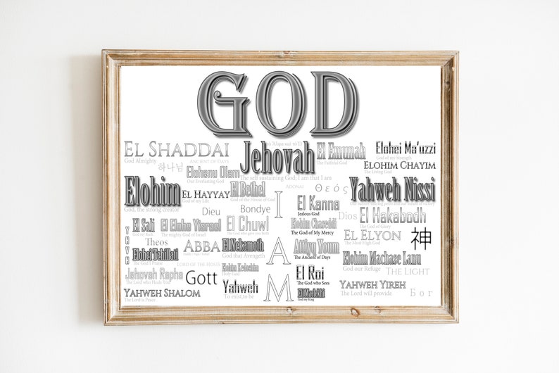 Names of God Grey Christian Art, Wall, Names, Jehovah, Shaddai, Jesus, Holy, Spirit, Shalom, Abba, I, Am, Nissi, Above, Bethel, Theos image 1